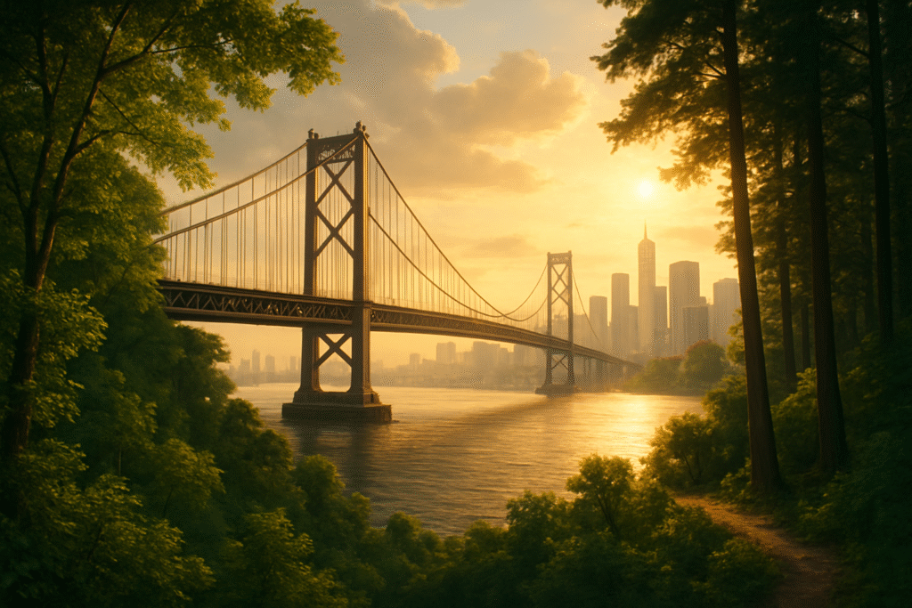 Imagen conceptual de un puente entre un paisaje natural y una ciudad, simbolizando la conexión entre negocios conscientes y bienestar.